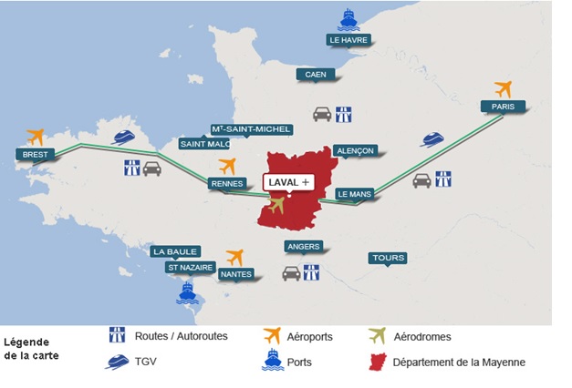 carte du grand ouest mer train et aéroport en mayenne